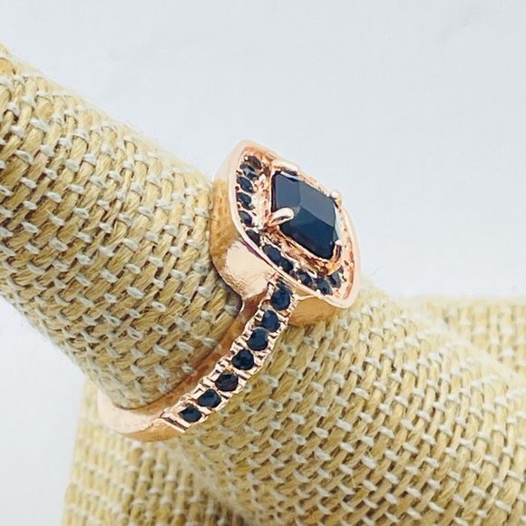 Black Beaded Square Dinner Ring Rose Gold Tone Glam Bling Sparkle Holiday Party - Picture 6 of 6